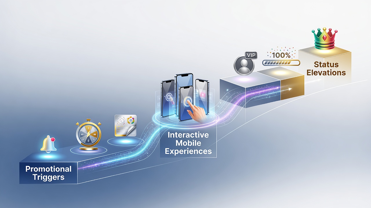 Mobile app interface showing promotional triggers and user status progression in interactive gaming environments