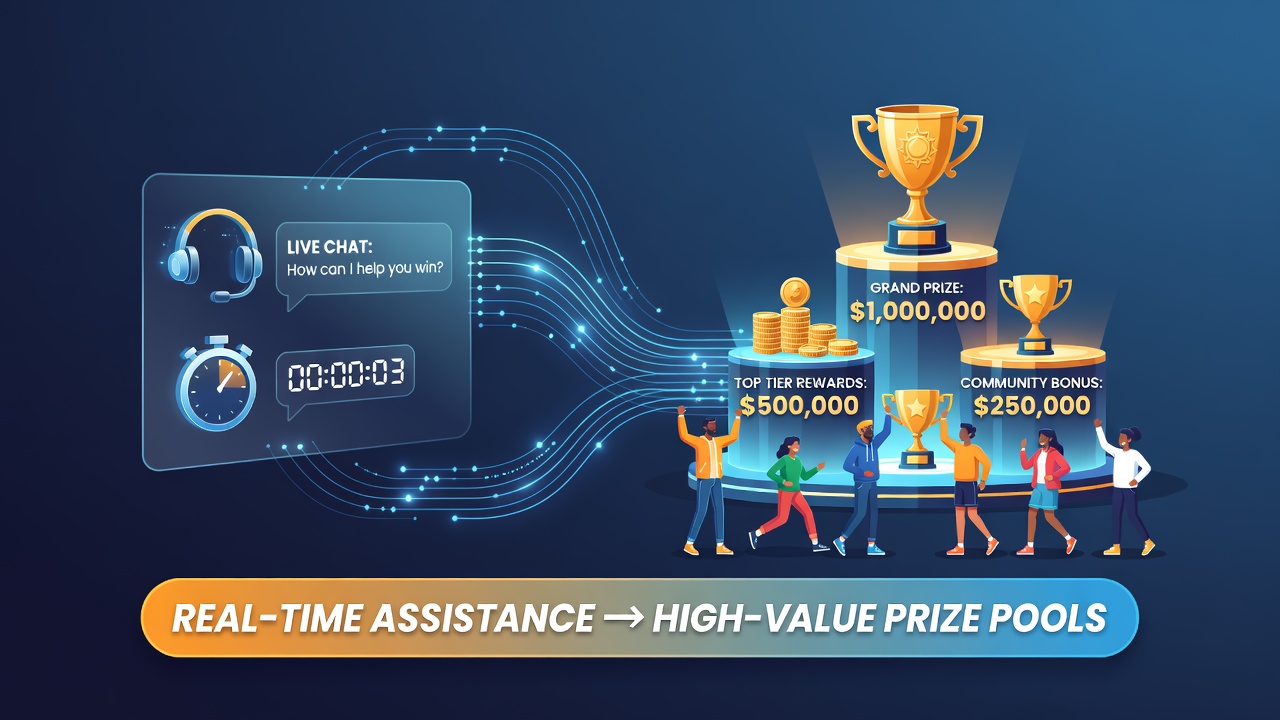 User engaging with in-app support while viewing leaderboard progress toward a high-value prize pool in a mobile entertainment application