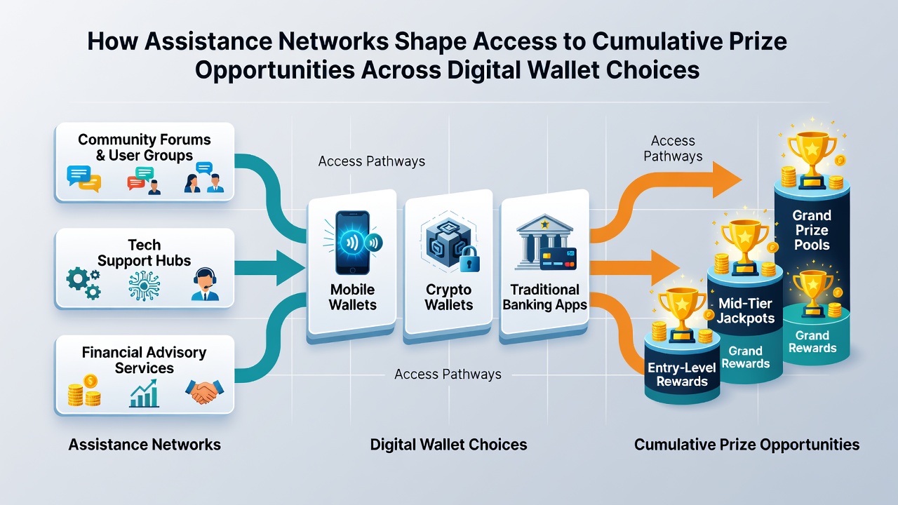 Diagram showing support network pathways linking digital wallet choices to progressive prize eligibility in mobile environments