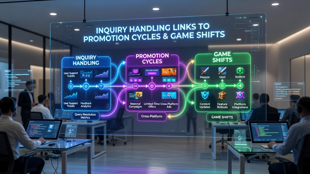 Analytics dashboard displaying correlations between resolved support tickets, upcoming promotions, and scheduled game library updates