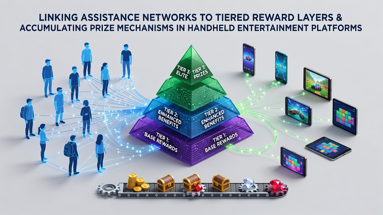 Mobile gaming interface showing tiered reward layers and accumulating prize mechanisms on handheld devices