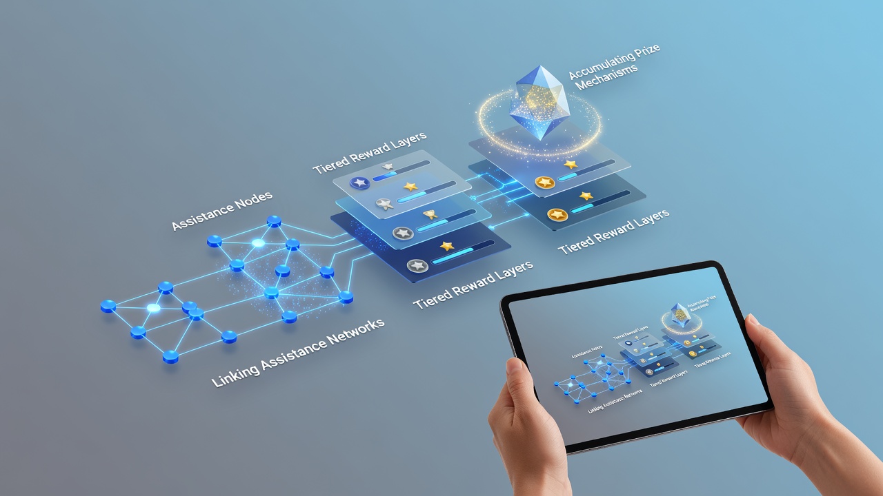Diagram illustrating connections between assistance networks, tiered rewards, and prize accumulation in mobile entertainment platforms