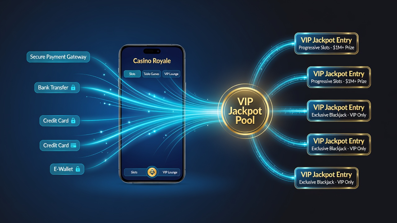 Mobile device showing connected payment confirmation screen leading to VIP jackpot dashboard