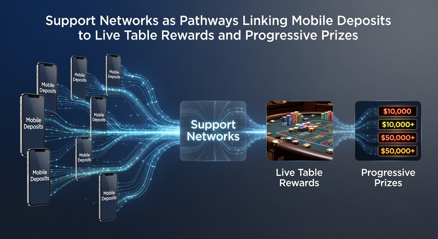 Illustration of support networks linking mobile deposits with live table rewards and progressive prizes in digital gaming platforms