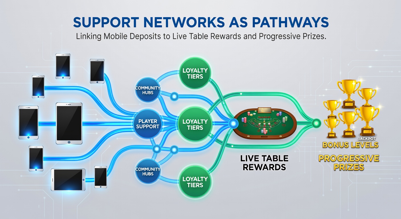 Diagram showing connections between support networks, mobile deposits, live table rewards, and progressive prize systems