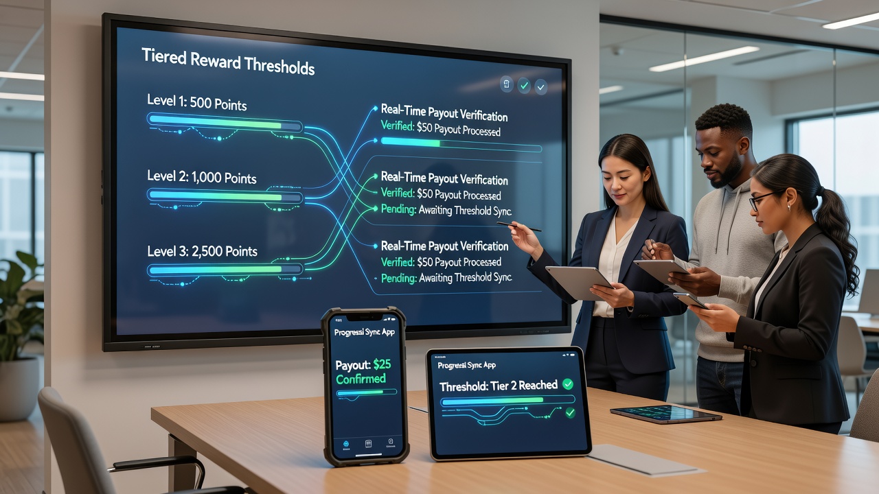 Mobile interface showing tiered reward thresholds aligned with progressive jackpot verification status on handheld devices